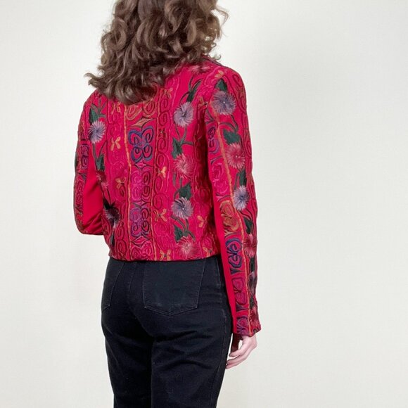 Vintage Embroidered Floral Blazer Jacket Coat Cropped Boho Chic Hippie Bohemian - Picture 3 of 7
